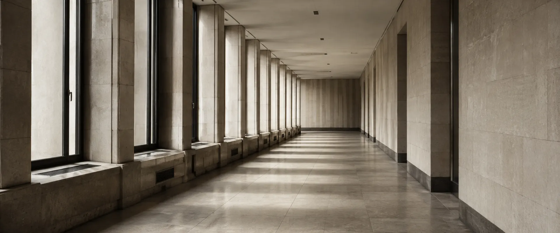 Empty stone corridor lit by tall windows